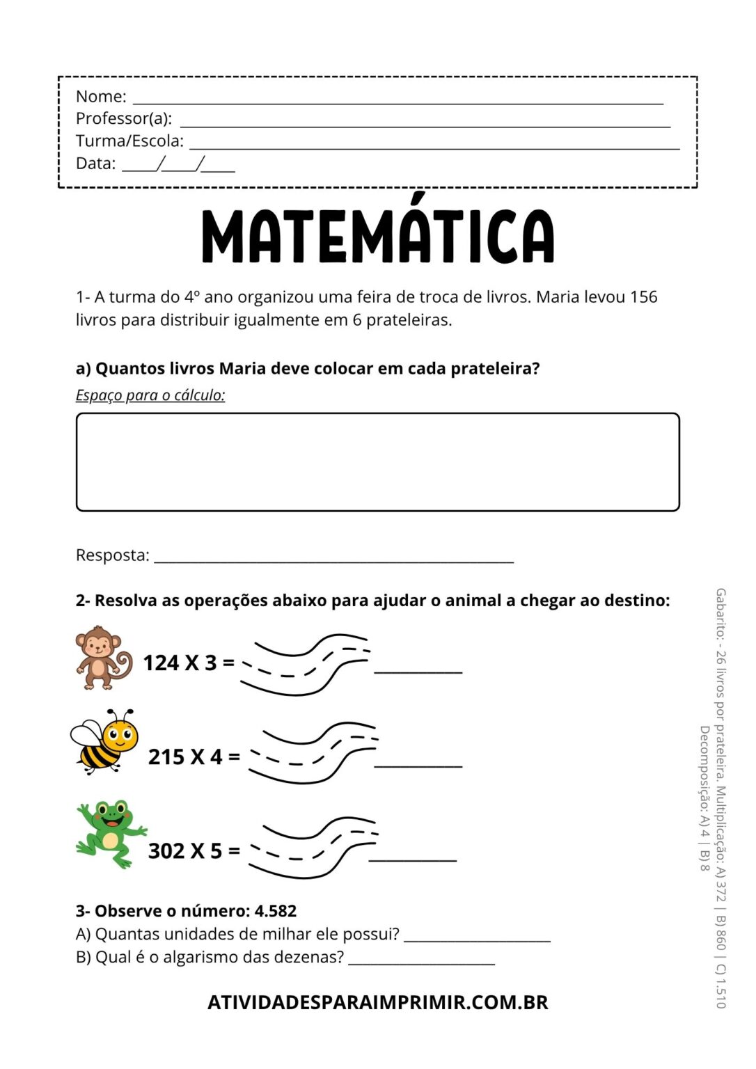21 Atividades de Matemática do 4° Ano Para Imprimir Grátis – Atividades ...